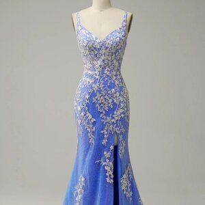 Glitter Blue Mermaid Lace Long Prom Dress with Slit